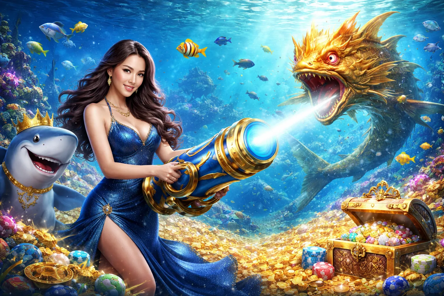 Hình ảnh trò chơi Bắn Cá tại best88, với cảnh đại dương sống động, nhiều loại cá và vũ khí, thể hiện sự kịch tính của game bắn cá.